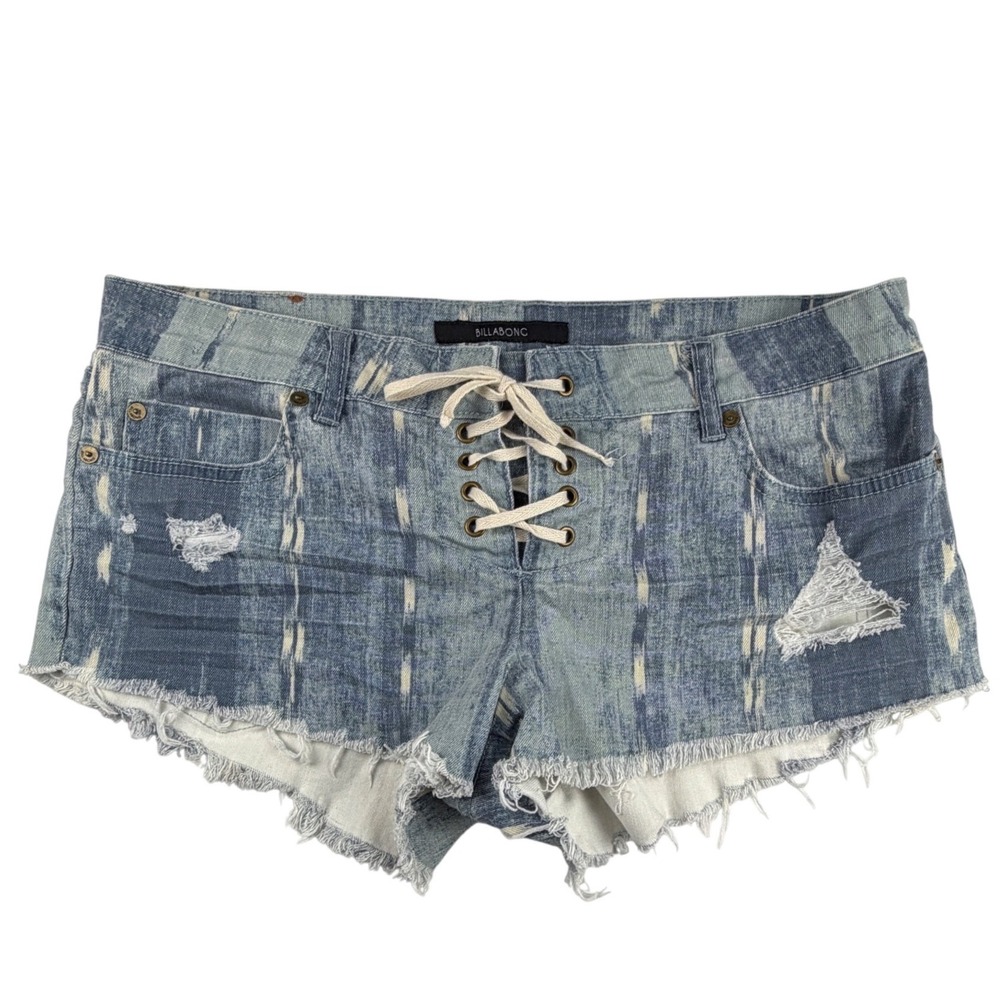 Y2k‎ Billabong Womens Blue Ikat Print Lace Up Denim Cutoff Shorts Size 30